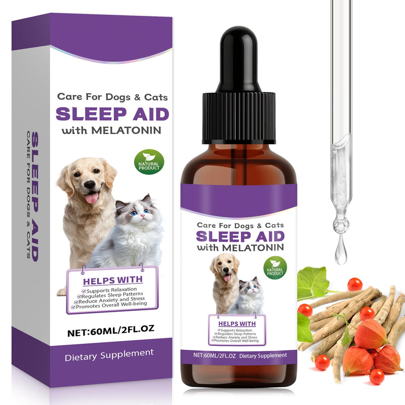 Cats＆Dogs Melatonin Calming Drops, Dog Anxiety Relief from Fireworks, Separation＆Travel Stress, Helps Cats Good Behaviour and Sleep with Natural Ingredients (60ml)