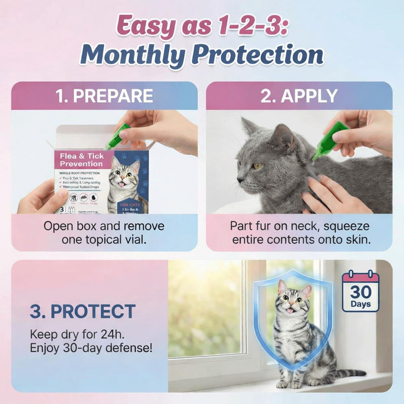 Topical Flea & Tick Drops for Cats & Kittens, Waterproof Monthly Care for Cats Over 1.5 lbs and 8 Weeks or Older, 3 Doses (3-Month Supply)