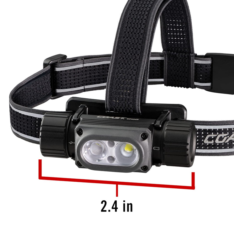 Coast WPH34R 2000 Lumen Waterproof Ultra Bright IP68 USB Rechargeable-Dual Power Headlamp, 6 Modes with Spot and Flood Beams, Black/Grey - BeesActive Australia