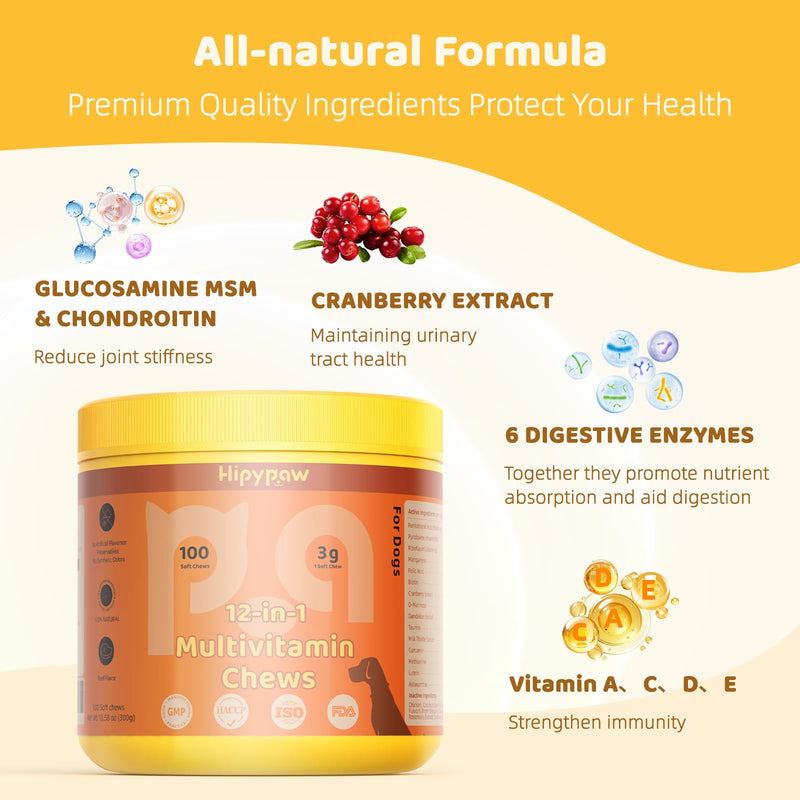Dog Multivitamin Chewable: 12-in-1 Dog Vitamins & Supplements with Glucosmine Chondroitin Probiotics Omega 3 Cod Liver Oil CoQ10 Astaxanthin for Joint Gut Heart Eye Brain Immune Support Orange
