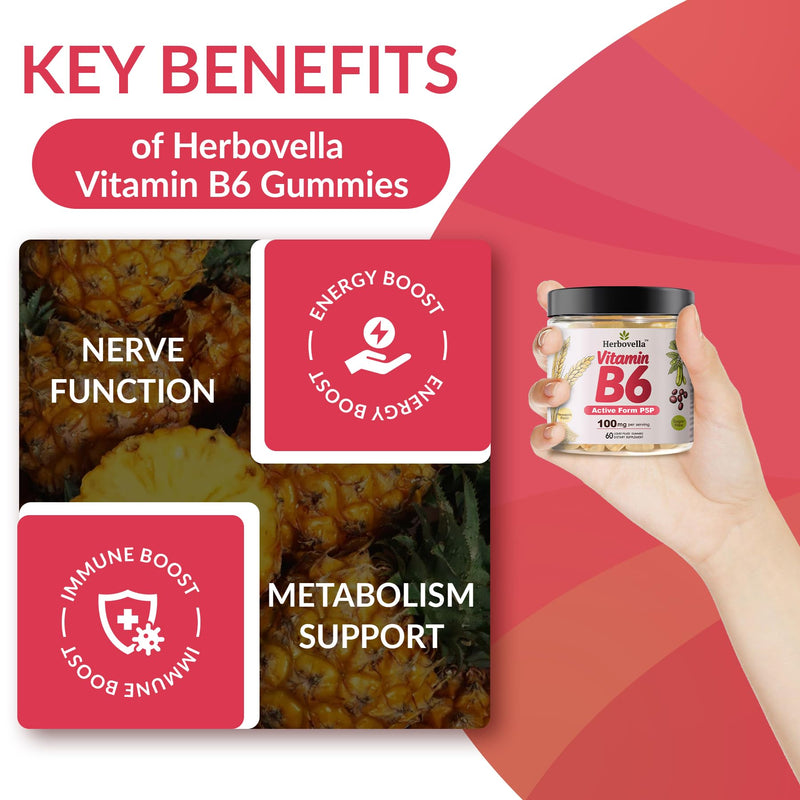 Vitamin B6 Gummies 100mg, Vitamin B6 Supplement P5P for Energy & Nervous System, Sugar Free, Vegan, 60 Liquid-Filled Gummies.