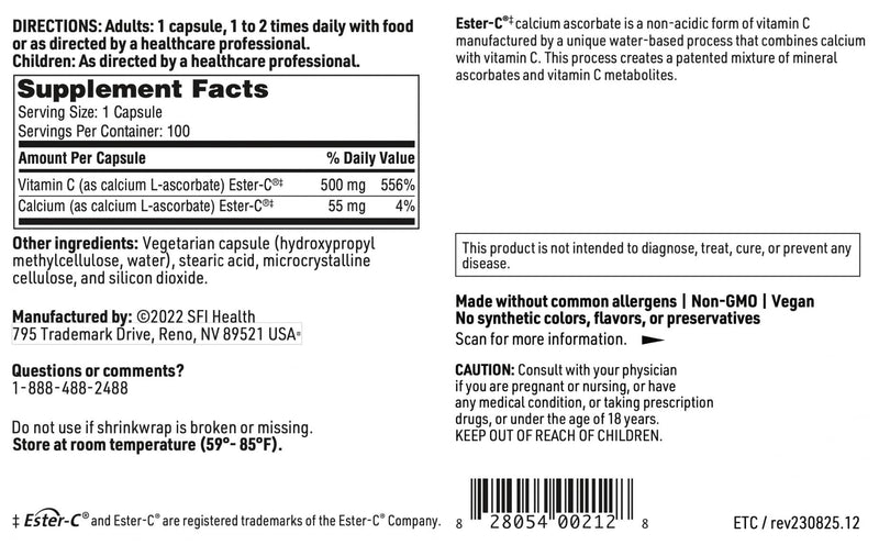 Klaire Labs SFI Health Ester-C, 100 Capsules | Immune & Antioxidant Support, 500 mg Buffered Vitamin C, Non-Acidic Form Designed to Be Gentle On the Stomach, Hypoallergenic