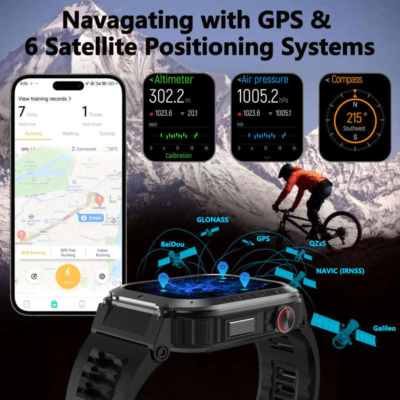 Military GPS Smart Watch for Men Pressure/Altitude/Compass,Fitness Smart Watch for Android Phones and iPhone,Outdoor Waterproof Fitness Tracker with Blood Oxygen/Heart Rate/Sleep/100+ Sport Modes Black - BeesActive Australia