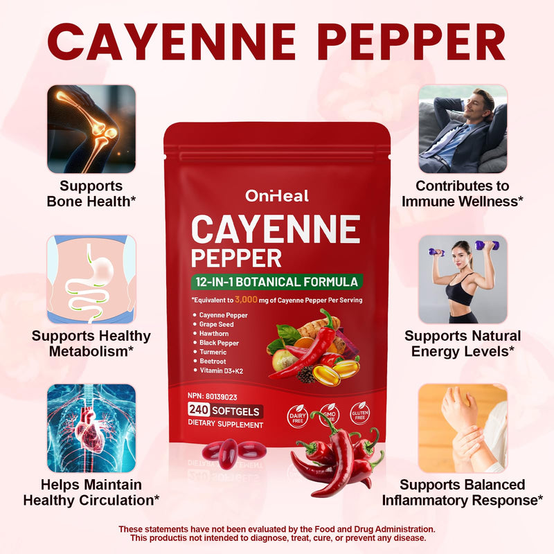 Capsicum Softgel Supplement, 12-in-1 Herbal Formula with Vitamin E, D3+K2, Grape Seed, Hawthorn, Beetroot, and Berberine, 300 Softgels