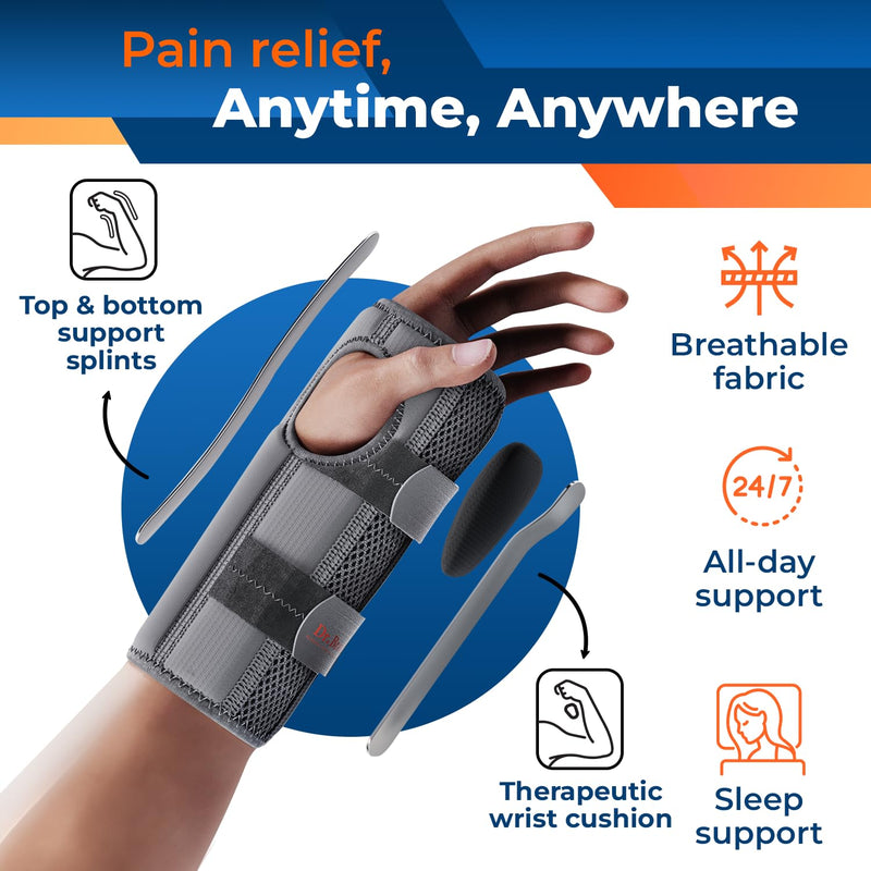 DR. BRACE Adjustable Wrist Brace Night Support for Carpal Tunnel, Doctor Developed, Upgraded with Double Splint & Therapeutic Cushion,Hand Brace for Pain Relief,Injuries,Sprains (L/XL Right Hand, Grey) Large/X-Large (Right Hand)