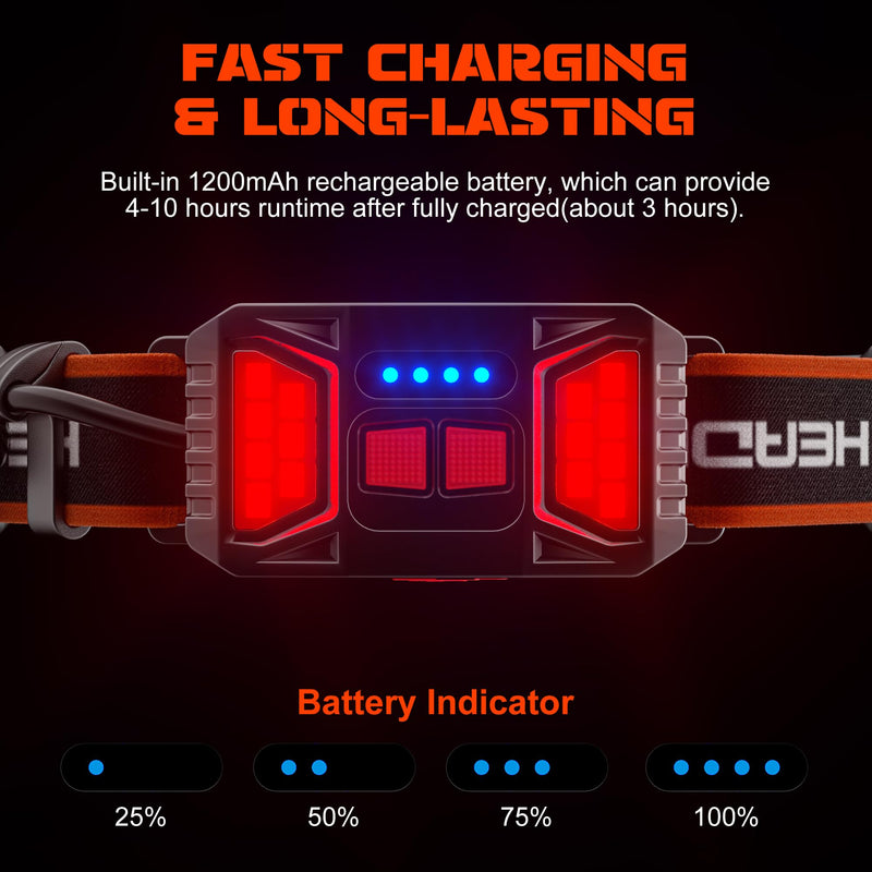 2 Packs Rechargeable Headlamp, 230°Wide-Angle 1000 Lumens Headlamp Flashlight with Red Taillight 3 Light Modes Lightweight LED Head Lamp Adjustable Waterproof Head Light for Running Cycling Orange(2-Pack) - BeesActive Australia