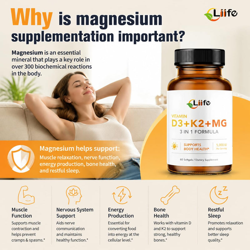 LIIFE D3 K2 with Magnesium Bisglycinate & B6, 5000 IU D3, MK7&MK4 K2 | Complex blend D3 K2, Magnesium Bisglycinate & B6 with coconut oil. High absorption, Non-GMO & Gluten-Free formula