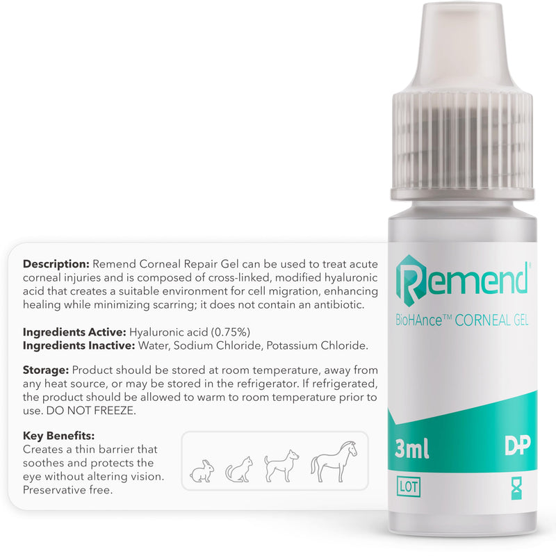 Remend Corneal Gel for Dogs and Cats (by Domes Pharma) - Pet Eye Drops for Dry Eyes, Eye Infection, Allergies & Cornea Recovery, Gentle Eye Care Treatment - 3 ml