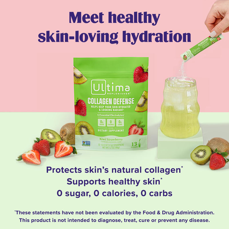Ultima Replenisher Collagen Defense, Kiwi Strawberry, 13 Stickpacks | Daily Zero Sugar Supplement & Electrolyte Powder Hydration Packets with 6 Key Electrolytes, Dermaval & Biotin for Skin Health