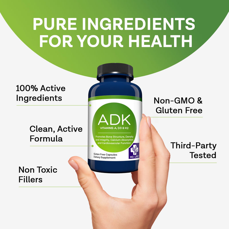 MD. Life ADK Vitamin Supplement, Vitamin D3 K2 and A, 60 Capsules, Non-GMO | High Potency Complex - Bone and Heart Health Support - Doctor Designed - Made in the USA - Gluten Free, Vegetarian 60 Count (Pack of 1)