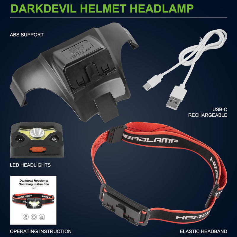 GREEN DEVIL Safety Hard Hat with Rechargeable Headlamp Light and Helmet Liner Chin Strap Men Vented Work Hardhats ANSI Z89.1 Approved Cascos de Construccion Ideal for Industrial Construction Forestry Replacement Headlamp
