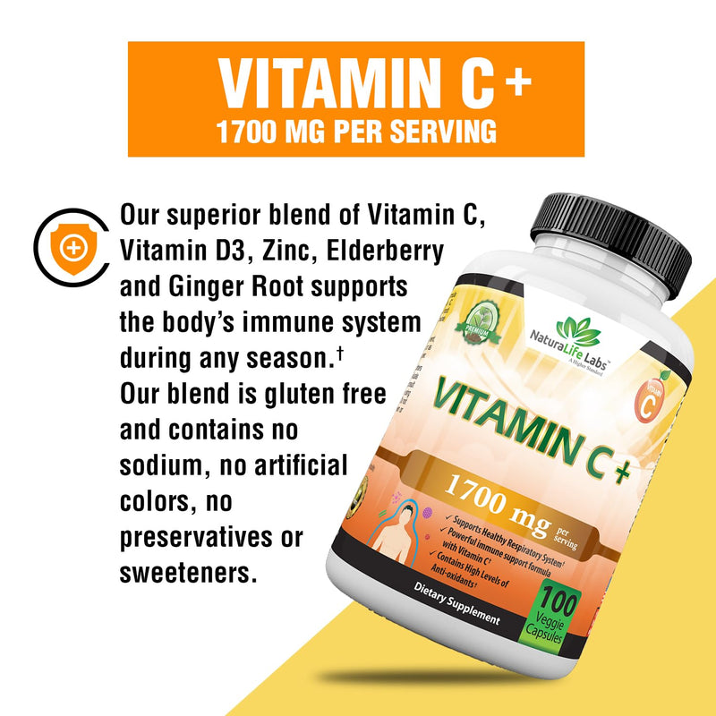 Vitamin C 1,700 MG with Vitamin D3, Zinc, Elderberry, Ginger root - Maximum Strength Multi System Immune Support- 100 veggie Capsules - BeesActive Australia