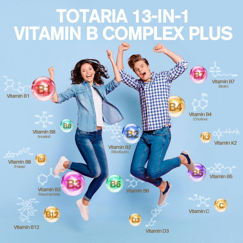 13-in-1 Vitamin B Complex Plus with Vitamin B1, B2, B3 (Niacinamide), B4, B5, B6, B7 (Biotin), B8 (Inositol), B9 (Folate), B12, C, D3, K2 - Energy, Nerve, Immune, Skin Support - 120 Vegan Capsules 1