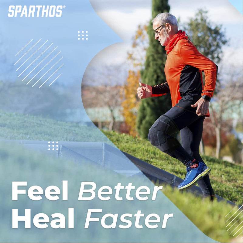 Sparthos Hinged Knee Brace - Relieves ACL, MCL, Meniscus Tear, Arthritis, Tendon Pain - Dual Metal Side Stabilizers - Support for Running, For Men and Women Check Size Chart (Large, 15½-20″ Thigh) Gray/Black Large