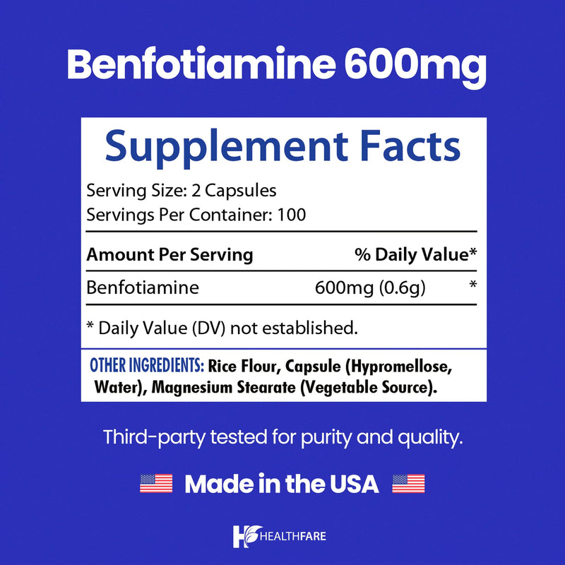 Healthfare Benfotiamine 600mg | 200 Veg Capsules | Enhanced Absorption | Supports Overall Health | Increased Bioavailability