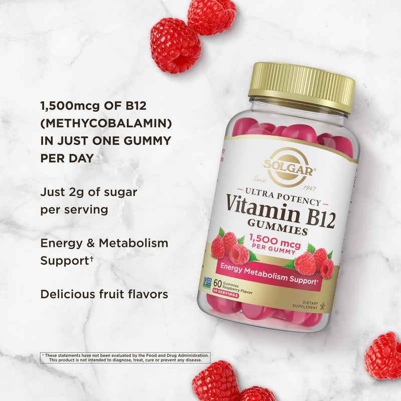 Solgar Methyl B12 Gummies for Adults 1,500mcg Ultra Potency Vitamin | Energy & Metabolism Support, Raspberry Flavor, Vegan & Gluten-Free for Women & Men, 2 Month Supply, 60 Servings, 2g Sugar 60 Count (Pack of 1)