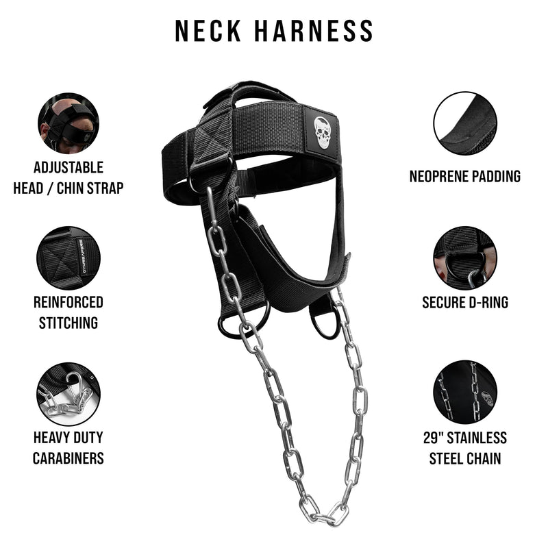 Gymreapers Neck Harness Weight Lifting - Neck Trainer Workout Equipment - Heavy Duty Stainless Steel Chain, Adjustable Neoprene Head Strap, Exercise Equipment for Strength & Pain Relief Black