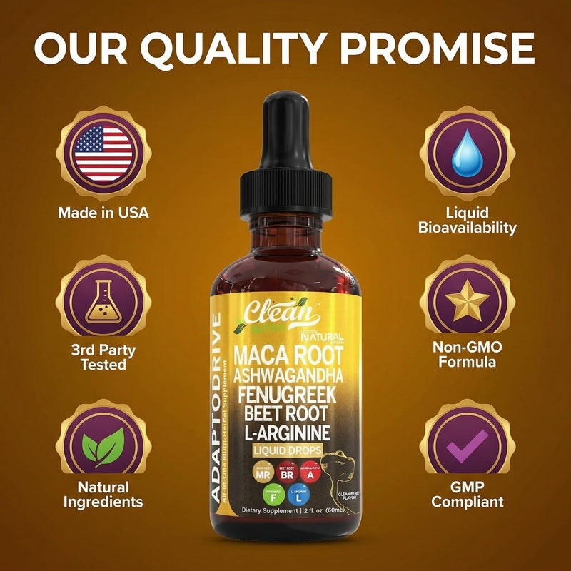 Clean Nutra Organic Maca Root Liquid Drops with Ashwagandha, Fenugreek, Beet Root and L-Arginine Liquid Multivitamin for Women and Men - Adapto Drive 1
