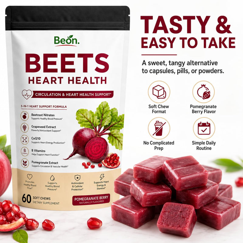 Beon Beet Chews, Beon Beetroot Chews Gummies for High Blood Pressure & Cardiovascular Support, Beet Root Gummies with L-CoQ10 & Grape Seed for Calm Mood, Sugar-Free Vegan, 60 Chew
