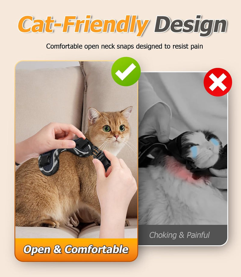 Cat Harness and Leash Set [H500 Pro Escape Proof Cat Harness for Walking, Adjustable Breathable Soft Travel Cat Leash, Reflective Strips Kitten Harness Small Black Plaid - BeesActive Australia