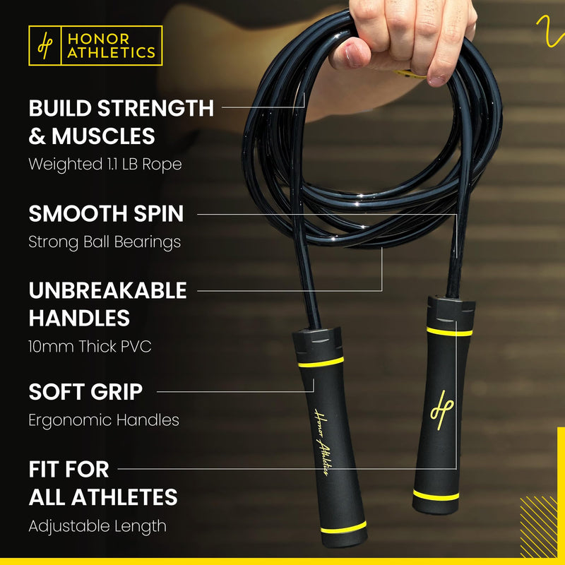 Honor Athletics - WEIGHTED 1.1lb HEAVY Jump Rope for High-Intensity and Strength Training - Adjustable 10ft PVC Rope with Ergonomic Grip, Ideal for Boxing, CrossFit, Muay Thai, MMA, and Fitness Black
