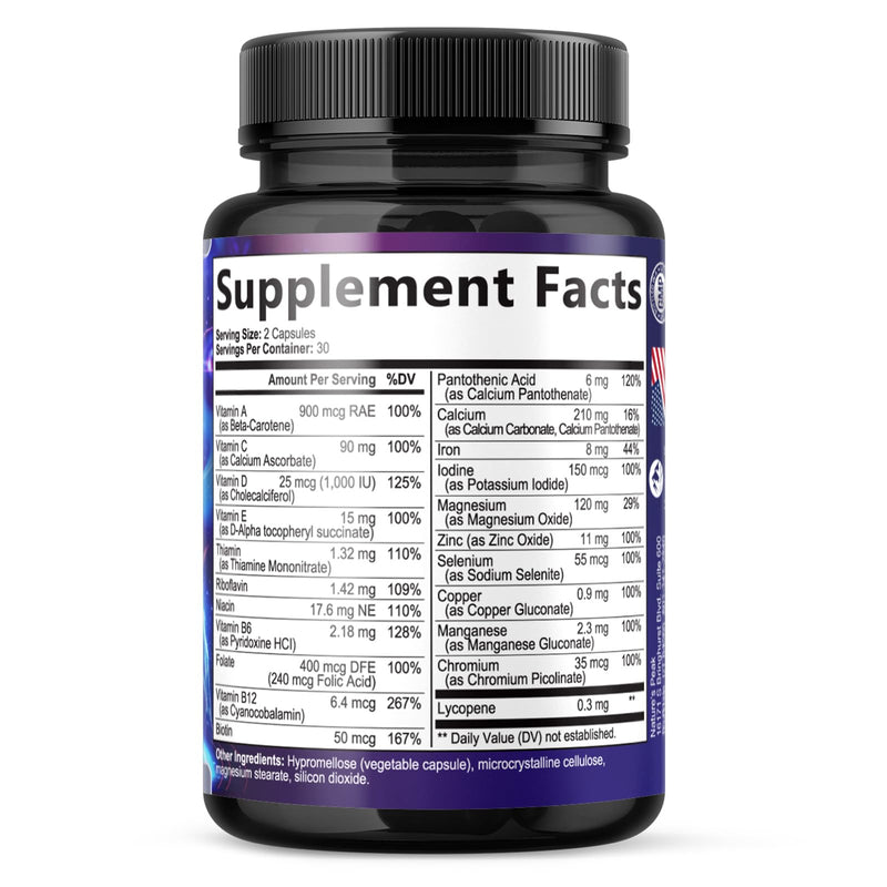 Men's Multivitamins Supplement - Complete Daily Multivitamin for Men with Vitamin B12, A, C, D, E, Zinc, Calcium, Iron, Folate - Immune Health & Energy Support - High Potency & Non-GMO - 60 Capsules 60 Count (Pack of 1)