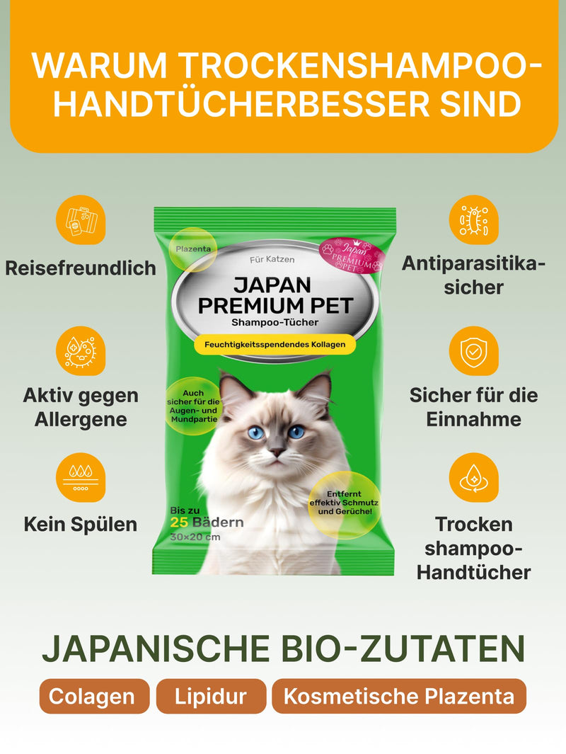 Japan Premium Pet Cat Shampoo Towel | Cleaning wipes that act like dry shampoo for cats | Clean & deodorize with our Cat Towel with Collagen & Placenta| 25 pcs | (20x30cm) - BeesActive Australia