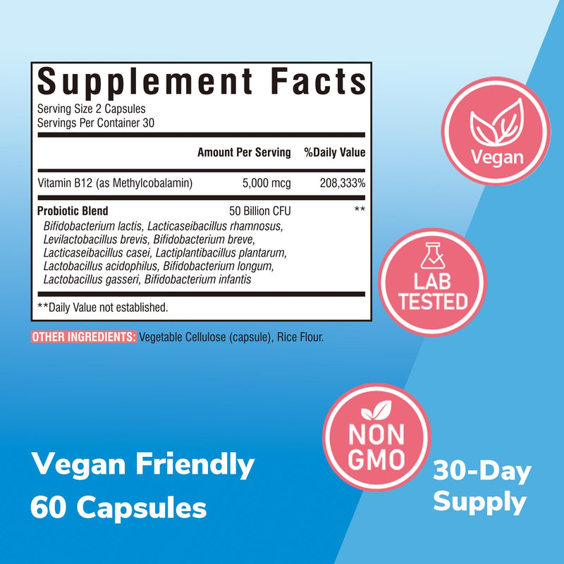 Vitalibre B12, 5000 mcg Methylcobalamin, with Probiotics 50 Billion CFU, 10 Strains, Mood, Energy, Digestive, Immune Health Support, Non-GMO, 60 Vegetarian Capsules