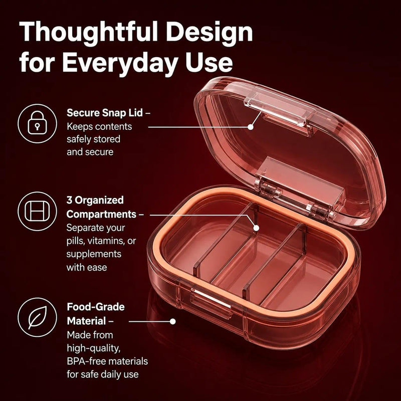 Mini Portable Vitamin Case Small Pill Box Travel Organizer, Red | Daily Supplement Container Fish Oil Storage. For commuting, school, office, travel, daily carry, storage, and organization.