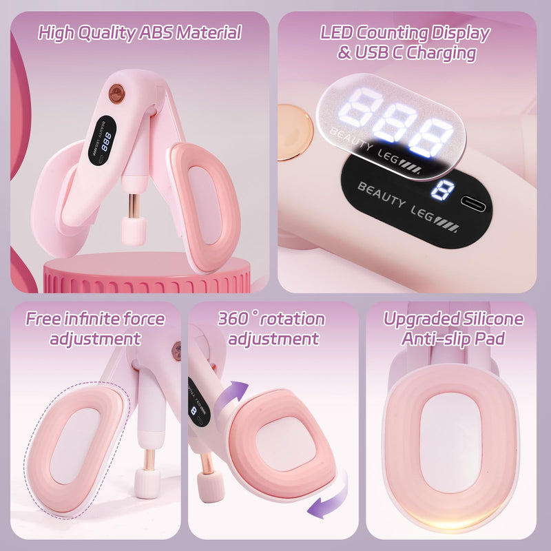 QIUTONG Thigh Master 2026 Upgraded, 10-78LB Thigh Master Thigh Exerciser, LED Inner Thigh Exerciser, 360° Pelvic Floor Exercise Devices, Hip Trainer Kegel Excerciser, 20LB Resistance Band, Light Pink - BeesActive Australia