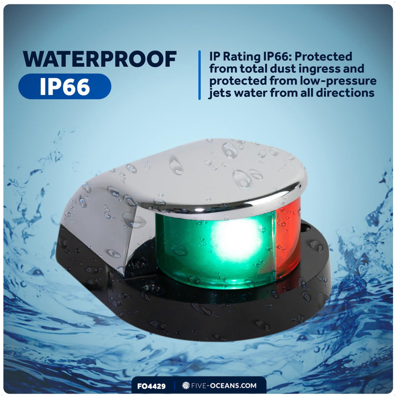 Five Oceans LED Boat Navigation Lights - Red & Green Bi-Color Bow Light, Horizontal Mount, 12V, USCG Compliant, 2NM Range for Pontoon & Fishing Boats - FO4429 Chrome-plated zinc Housing - BeesActive Australia
