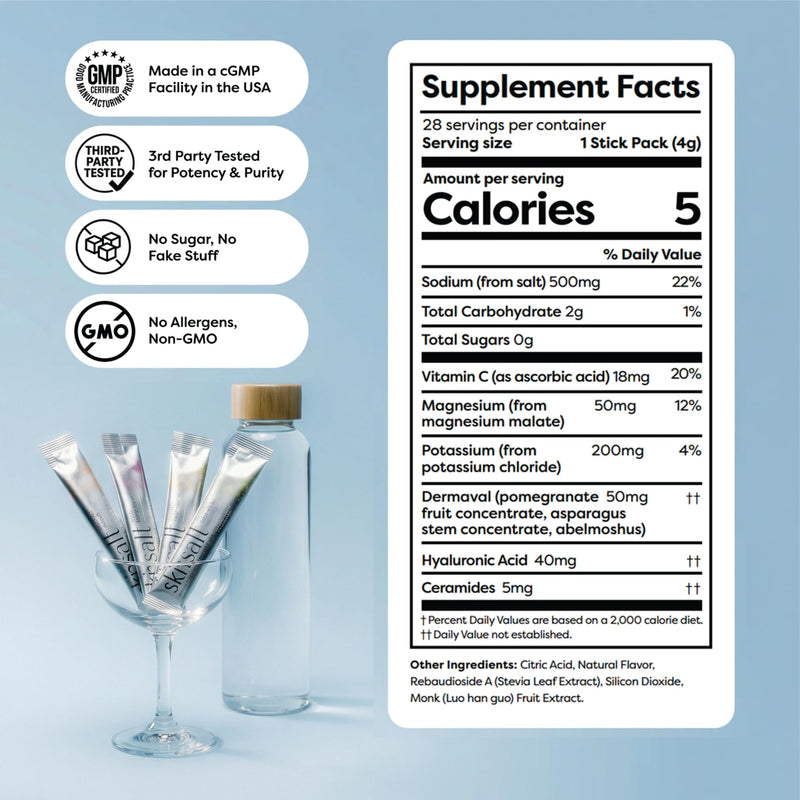 SKIN SALT® Electrolyte Powder Drink Mix - Triple Berry Burst - with Vitamin C, Hyaluronic Acid, Ceramides & DermaVal - Zero Sugar, Zero Caffeine, Vegan - 28 Stick Packs