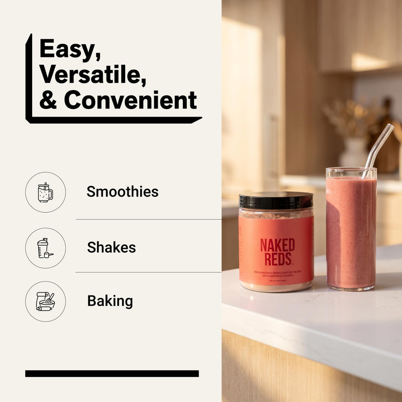 NAKED Reds Superfood Powder - Healthy, Energizing Polyphenol Fruit Powder Mix, No Fillers, No Additives, Vegan, Non-GMO, Gluten Free - 28 Servings