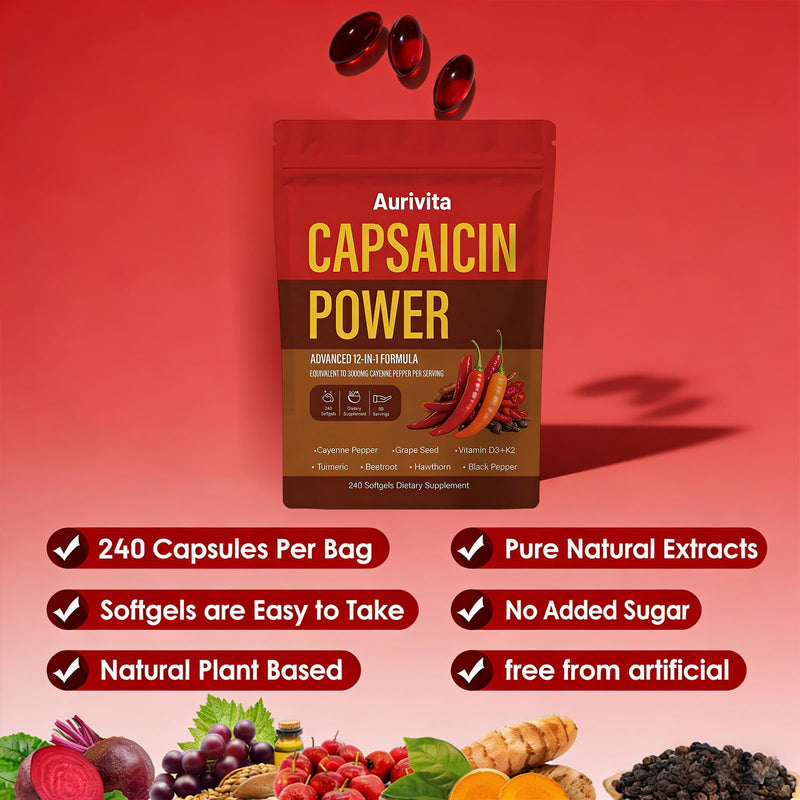 Capsaicin Softgels, Capsaicin Supplements, Cayenne Pepper Softgels Capsules, Capsaicins Powder with Vitamin D3 + K2, Beetroot, Grape Seed and Other Extracts, 240 Capsules (1 pcs) 1 Pcs