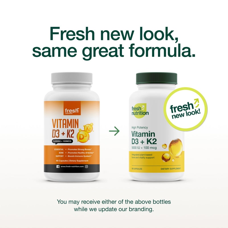 Fresh Nutrition Vegan Vitamin D3 + K2 Capsules - 5000 IU D3 + 100mcg K2 as MK-7 for Optimal Absorption - Immune Health, Bone Health, Mood - Non GMO - 90 Capsules, 3 Month Supply 90 Count (Pack of 1)