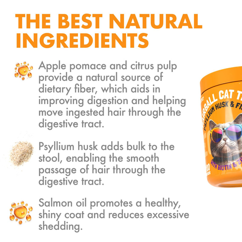 Hairball Treatment for Cats Natural Remedy with Apple Pomace, Psyllium Husk Omega 3 6 Fatty Acids Zinc Biotin Cat Supplement for Indoor Cats Promotes Healthy Digestion Furball Control 100 Yummy Chews Hairball 100