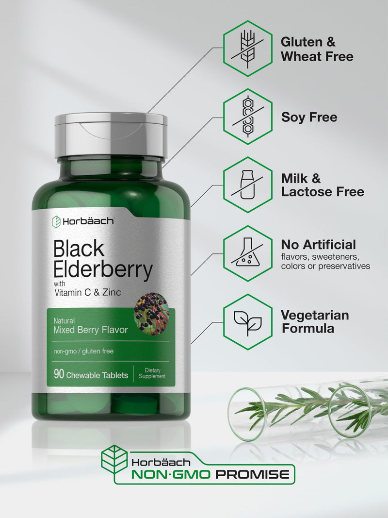 Horbaach Black Elderberry with Vitamin C and Zinc | 90 Chewable Tablets | Mixed Berry Flavor | Immune Support Complex | Vegetarian, Non-GMO, and Gluten Free Supplement 90 Count (Pack of 1)