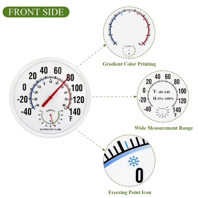 Circrane 13.25 Inch Round Thermometer with Hygrometer, Large Indoor Wall Patio Bimetal Weather Thermometer, No Battery Required, White - BeesActive Australia