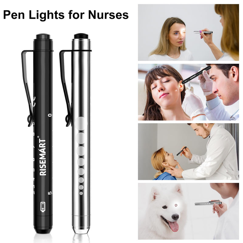 RISEMART Pen Light, Nurse Led Medical Penlight with Pupil Gauge for Nursing Students Doctors Black and Silver with Batteries Black + Silver - BeesActive Australia