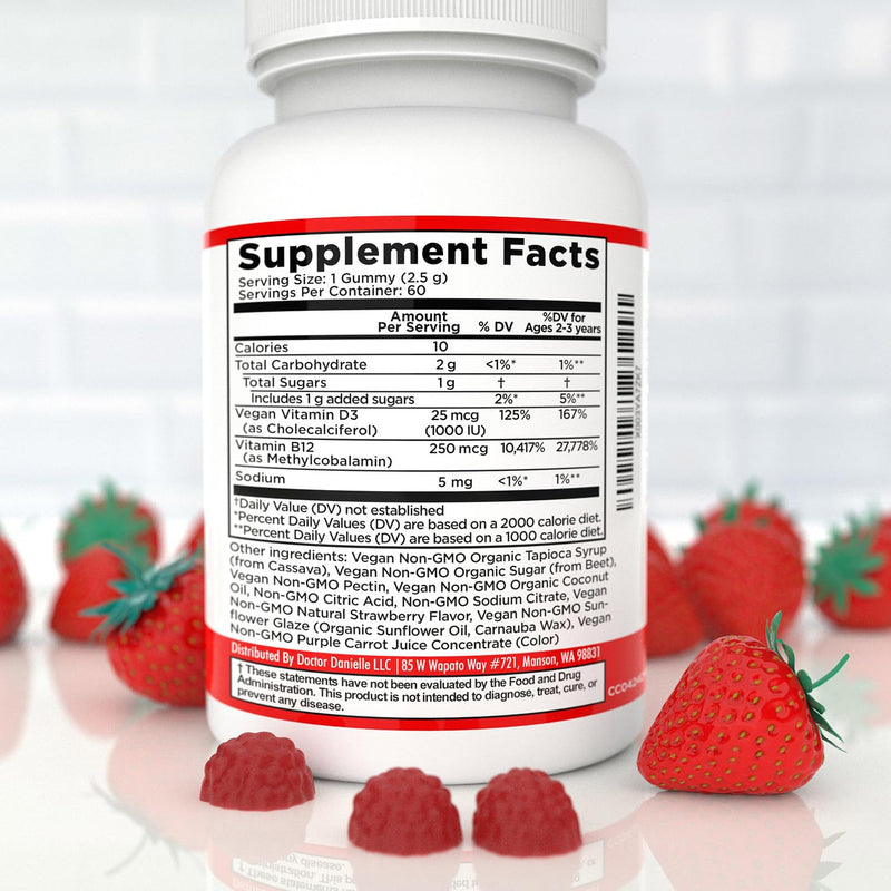 Vitamin D3, B12 Gummies by Dr. Danielle, Vegan Daily Supplement for Adults & Kids, Non-GMO, Vitamin D3 1000 IU & 250 mcg Vitamin B12, 2 Month Supply (60 Gummies)