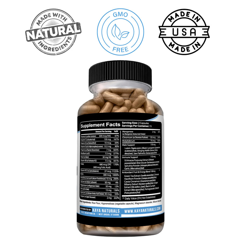 Kaya Naturals Men’s Multivitamin with Saw Palmetto & Lutein, 30 Capsules | 20 Vitamins & Minerals - Saw Palmetto; Lutein, Lycopene; Botanical, Immune & Antioxidant Blends - Vegetable Capsules 30 Count (Pack of 1)