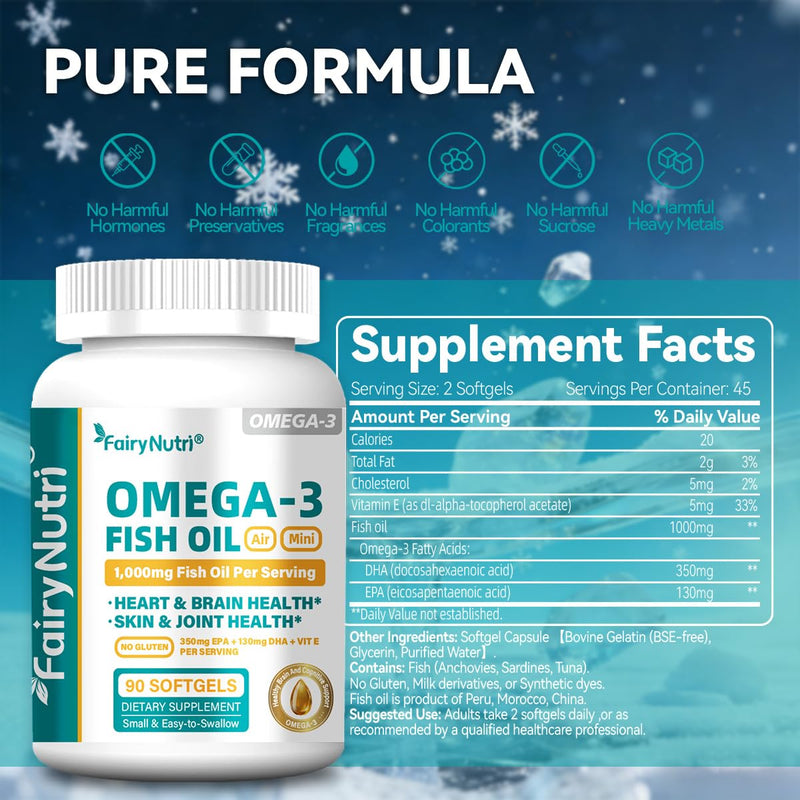 Omega-3 Fish Oil Softgels, 1000mg Per Serving, 350mg EPA + 130mg DHA, Heart & Brain Health Support, Air Mini Small & Easy to Swallow, 90 Count