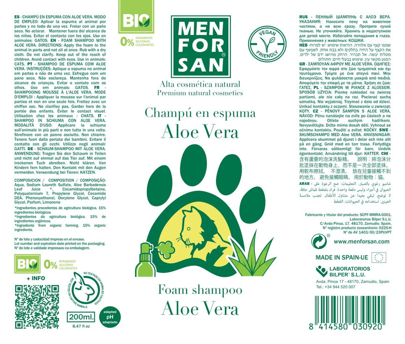 MENFORSAN Aloe Vera foam shampoo for cats, 200ml - BeesActive Australia
