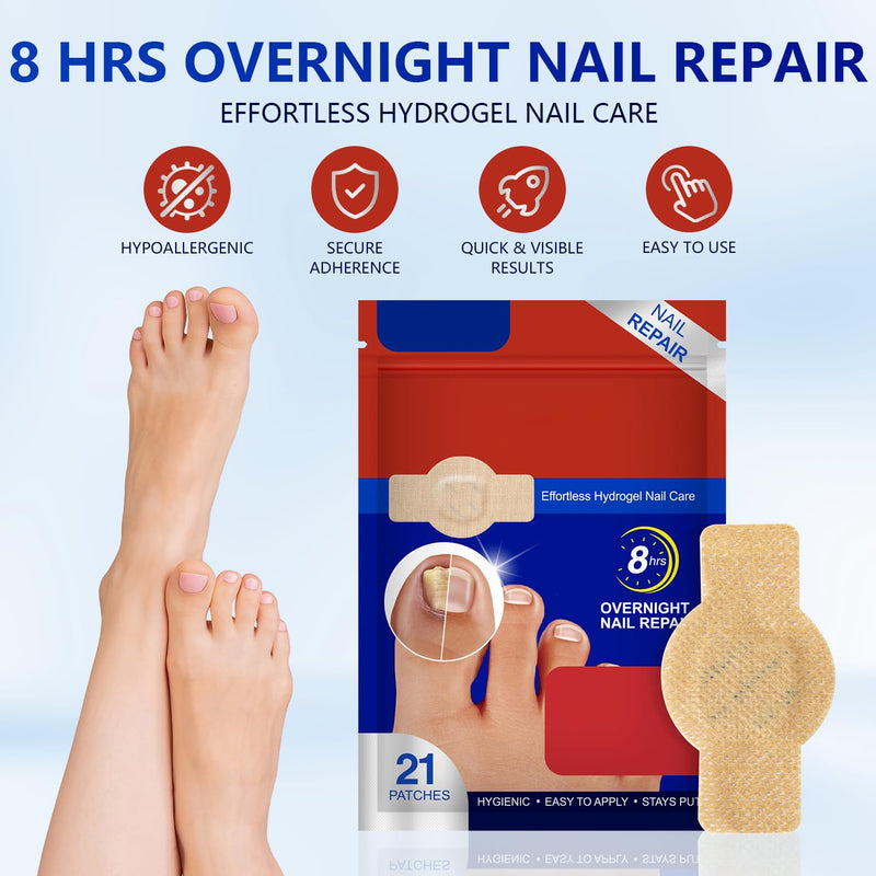 Nail Patches, 8-Hour Overnight Treatment, Fast-Acting Toenail Repair Patches, 21 Patch,for Damaged Nails Foot Nails Repair and Care,Strengthens Brittle Nail (21 Patch*2) 2 PCS