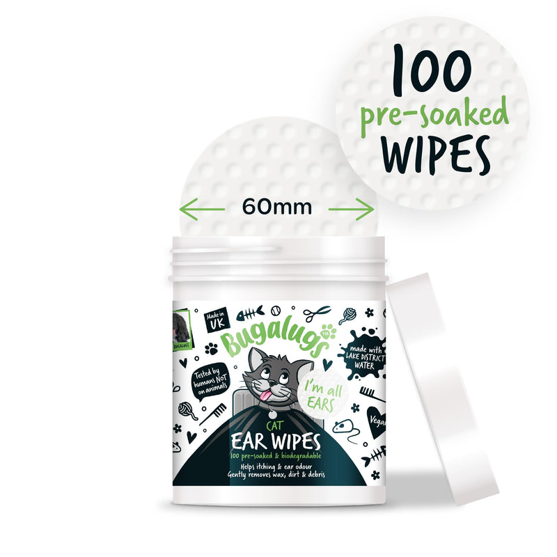 BUGALUGS Cat Ear Cleaner Cat Wipes 100 Biodegradable textured pre-soaked cat ear wipes. Pet Wipes Cat Ear Cleaner Solution Stops Head Shaking, Itching & Waxy Ears (100 Wipes)