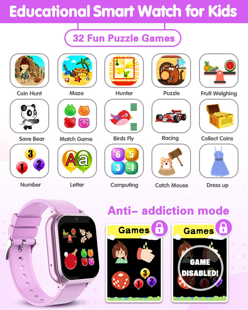 Kids Smart Watch Girls Gifts Age 3-12, Waterproof Watch for Kids with 32 Games, Dual Camera, Touch Screen, Alarm Clock, Music Player, Pedometer Birthday Gift Toys for Girls Ages 5 6 7 8 9 10 (Purple) PURPLE