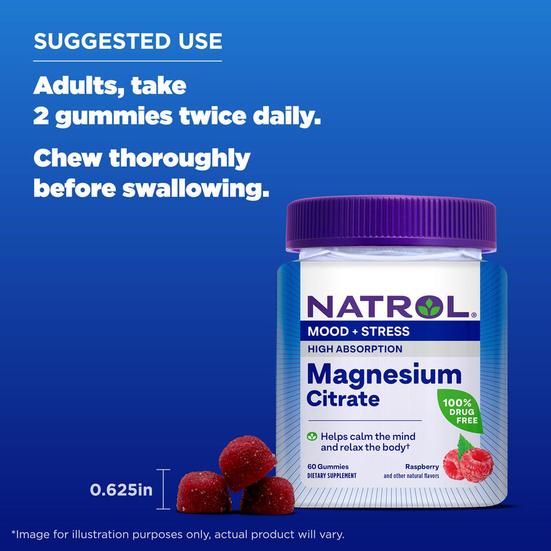 Natrol Magnesium Citrate, High Absorption Magnesium Supplement for Mood and Stress, Helps Calm The Mind and Relax The Body, 60 Raspberry-Flavored Gummies, Up to a 30 Day Supply
