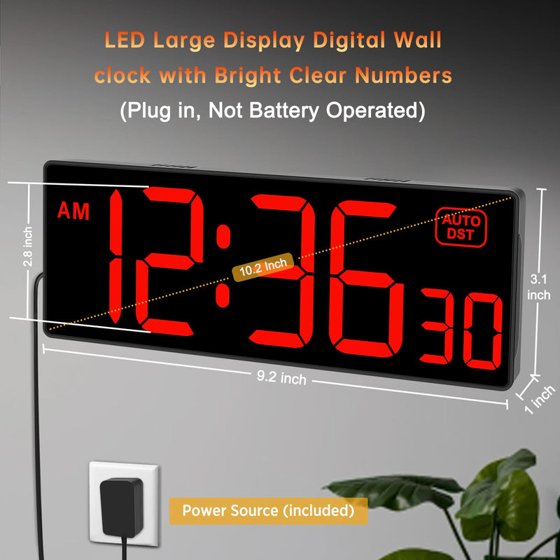 Soobest Digital Wall Clock with Seconds for Gym, Remote Countdown Timer Large LED Display 5 Dimmer (10.2" Red) 10.2“ Red - BeesActive Australia