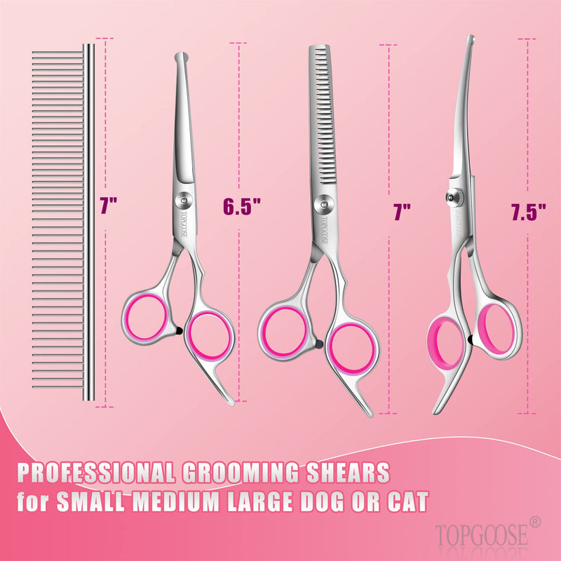 TOPGOOSE Dog Grooming Scissors Set, Safety Round Tip Grooming Tools 6 Piece Kit for Pets Dogs Cats Full Body - Professional Curved Thinning Straight Scissors Comb (Pink) Pink - BeesActive Australia