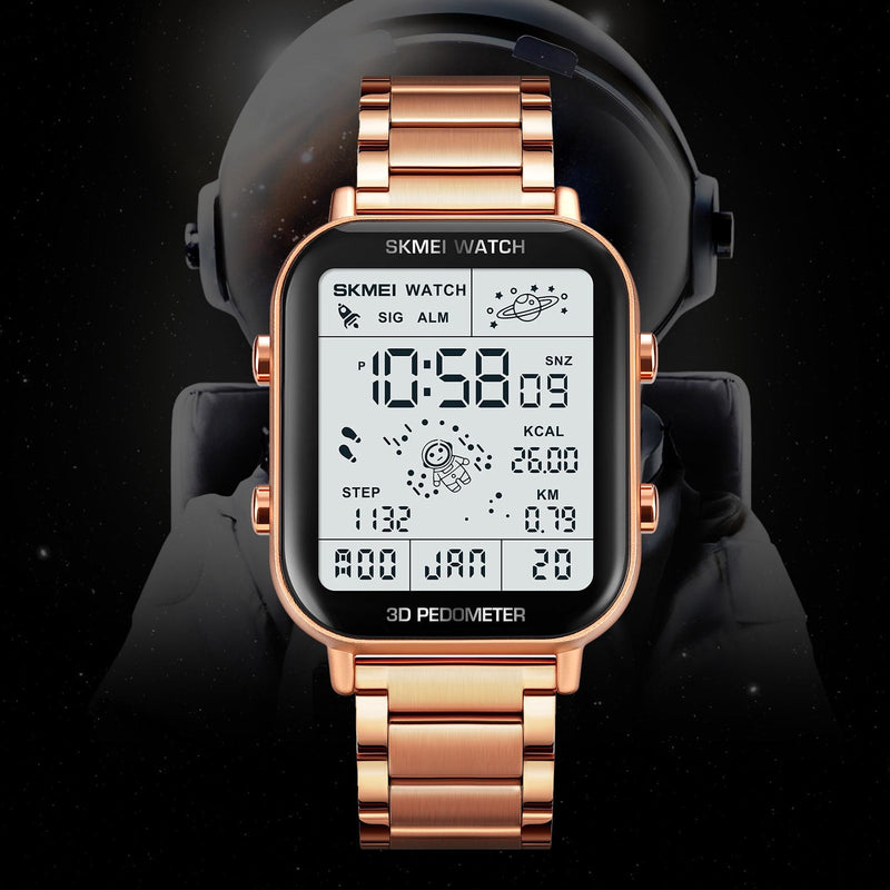 SKMEI Watch for Men Square Dial 3D Pedometer Sports Digital Watch with 50M Waterproof Luminous Countdown Stopwatch Dual Time Display Alarm 1888-Rose Gold - BeesActive Australia